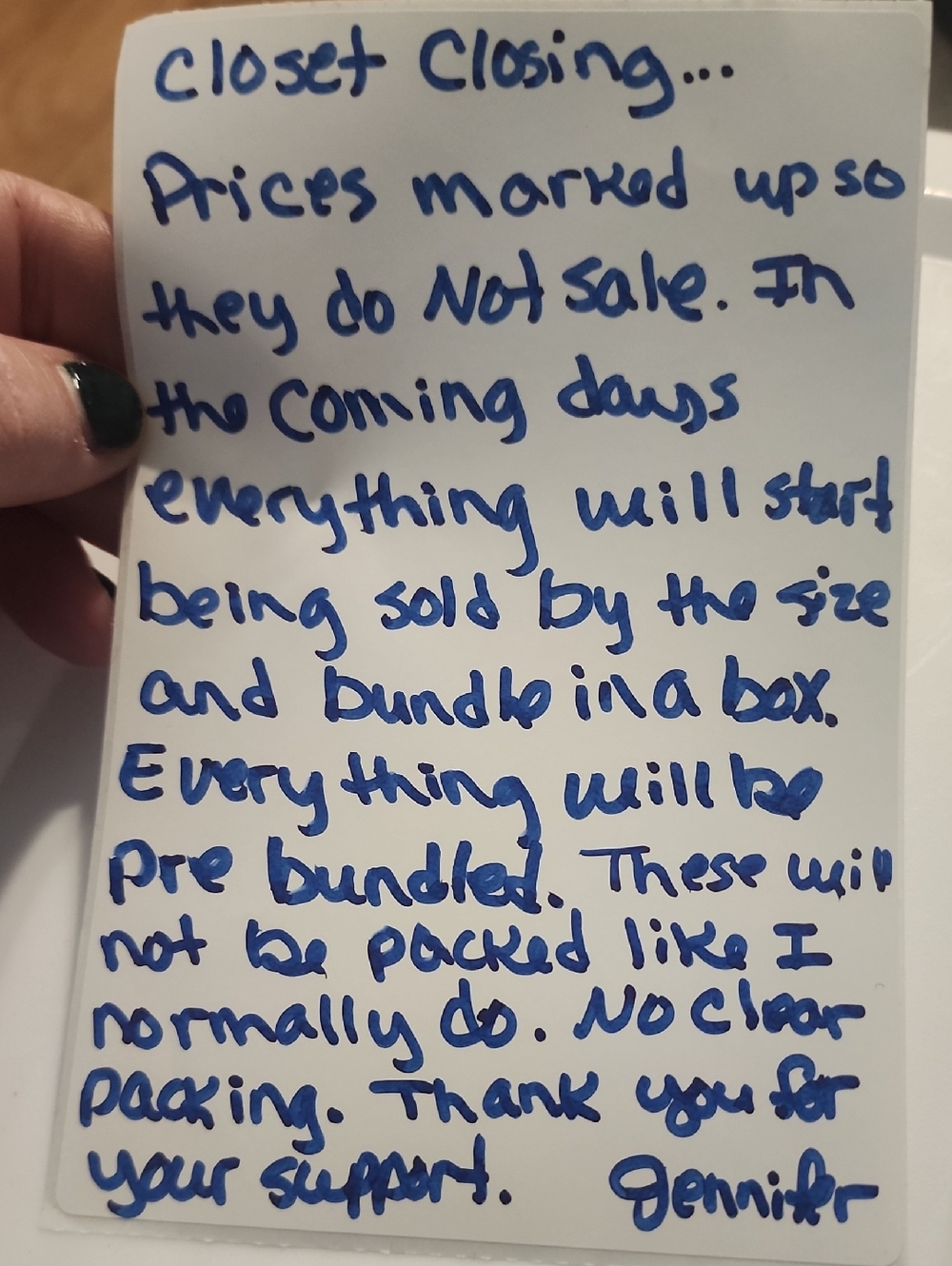 Handwritten Note Sign - Blue Ink on White Card